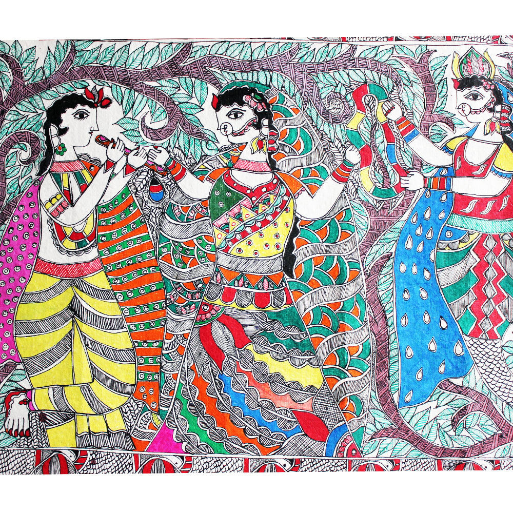 Madhubani Painting of Lord Krishna With Village Belles Painted On Hand Made Paper - 56 cm x 36 cm - theindianweave