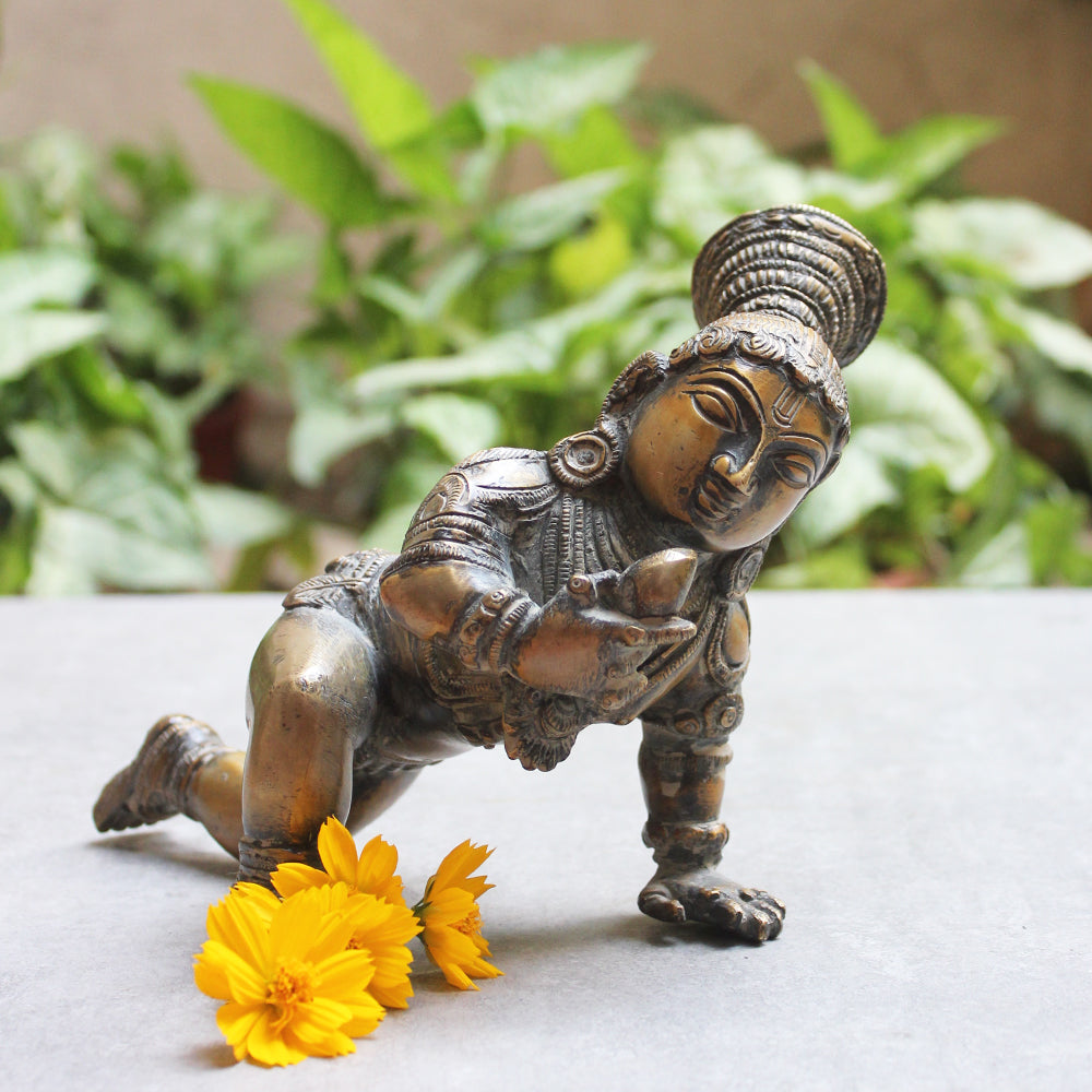 Vintage Brass Sculpture of Balakrishna or Divine Child Krishna . Length 20 cm x Ht 14 cm x W 15 cm