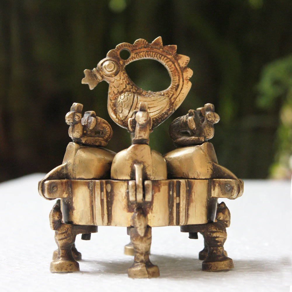 Vintage Brass Peacock Ornamental Kum Kum Box With 6 compartments. Ht 13 cm x Dia 19 cm