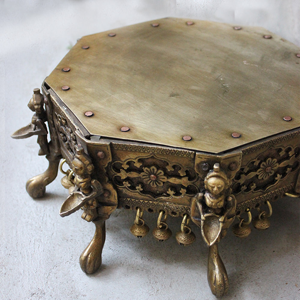 Vintage Brass Octagonal Chowki | Stool With 8 Oil lamps & Ghungroos - Dia 24 cm x Ht 12 cm