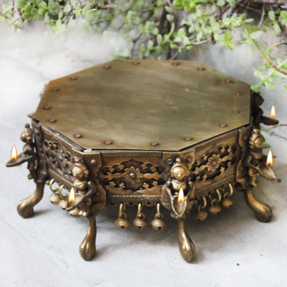 Vintage Brass Octagonal Chowki | Stool With 8 Oil lamps & Ghungroos - Dia 24 cm x Ht 12 cm
