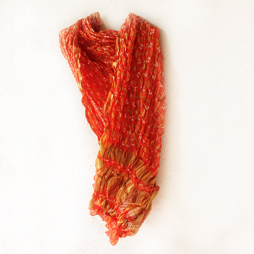 Flame Orange Jaipuri Bandhej Silk Dupatta | Scarf With Gold Border. L 230 cm x W 110 cm