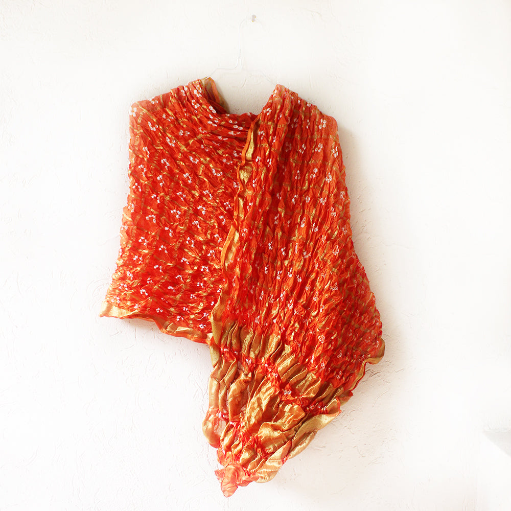 Flame Orange Jaipuri Bandhej Silk Dupatta | Scarf With Gold Border. L 230 cm x W 110 cm
