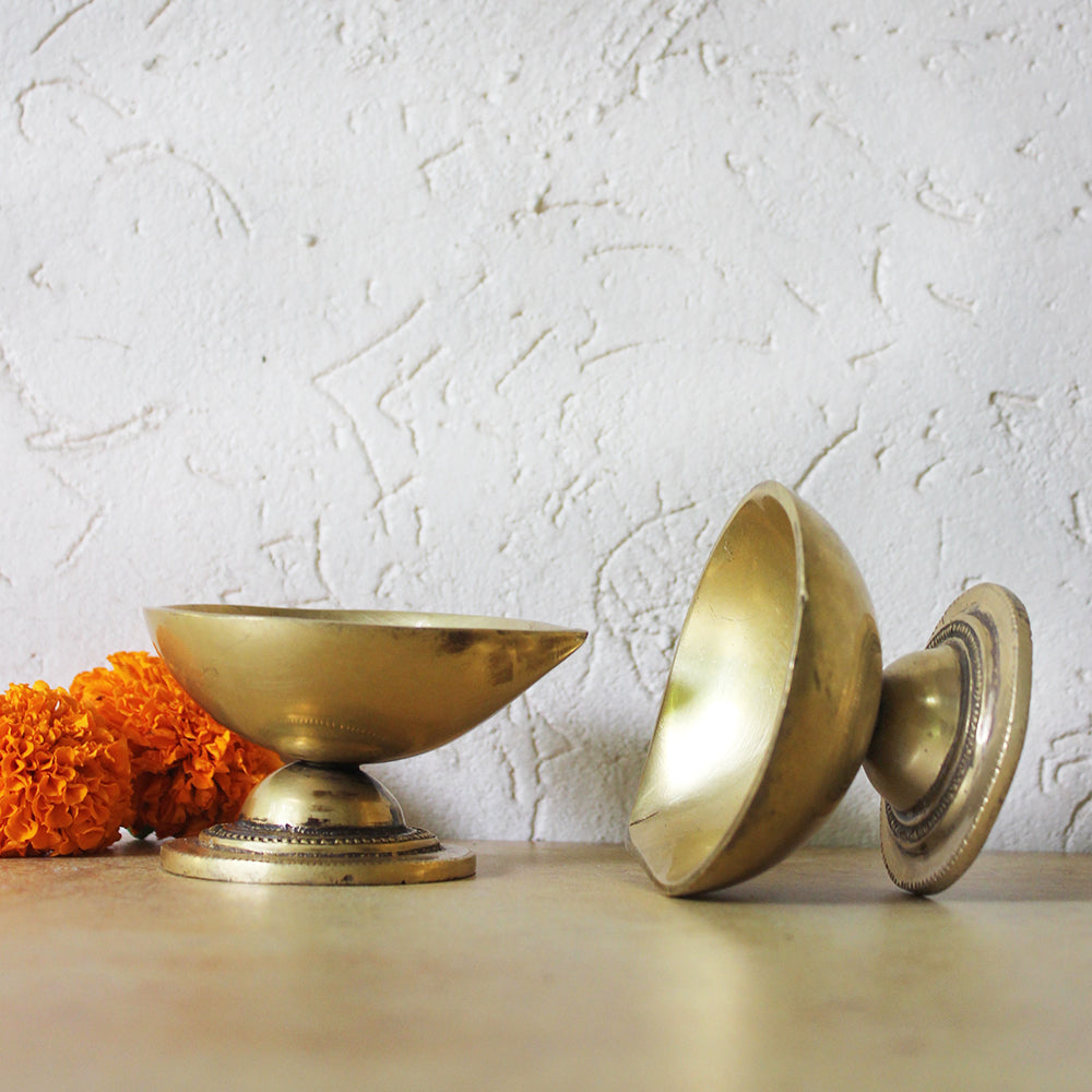 Pair Of Handcrafted Brass Lamps | Diyas With A Teardrop Design - L 9 cm x W 8 cm x Ht 5 cm
