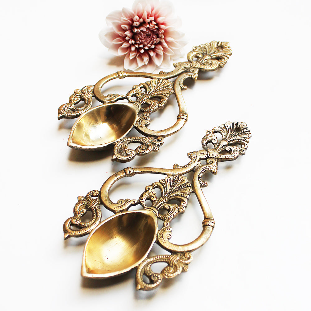 Pair of Exquisite Spoon Shape Oil And Wick Lamps With Filigree Handles.  L 20 cm x W10 cm