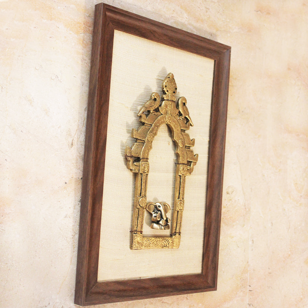 Brass Temple Prabhavali Frame With Twin Peacocks & Lord Ganesha Framed On Silk- Ht 40 cm x W 26 cm