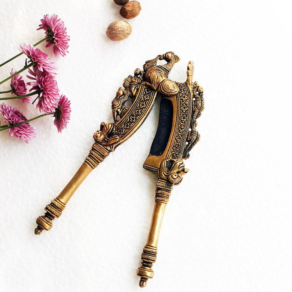 Vintage Brass Nut Cutter With Peacocks & The Mythical Yali Handcrafted In South India - Length 20 cm x Width 8 cm - theindianweave