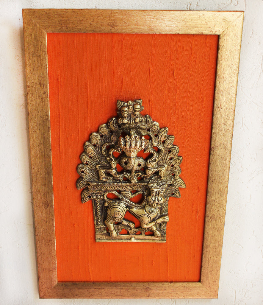Brass Temple Frame With Mythical Yali & 5 Hooded Naag Framed On Orange Silk - Ht 40 cm x W 26 cm