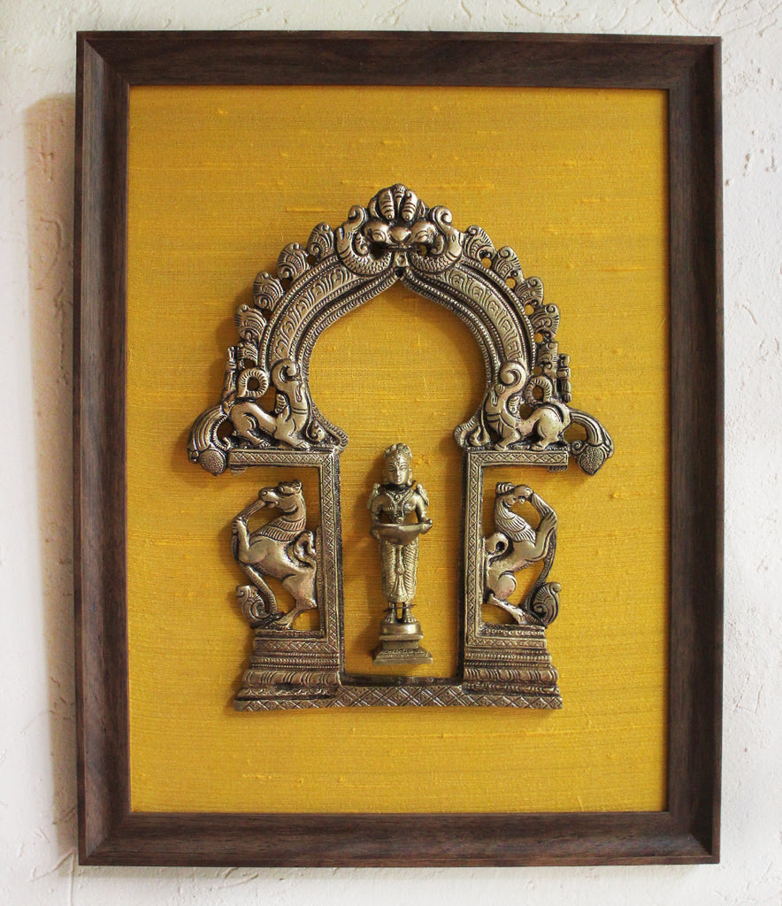Vintage Prabhavali With Mythical Yalis & Hindu Goddess Meenakshi Framed On Raw Silk . Ht 45 cm x W 35 cm