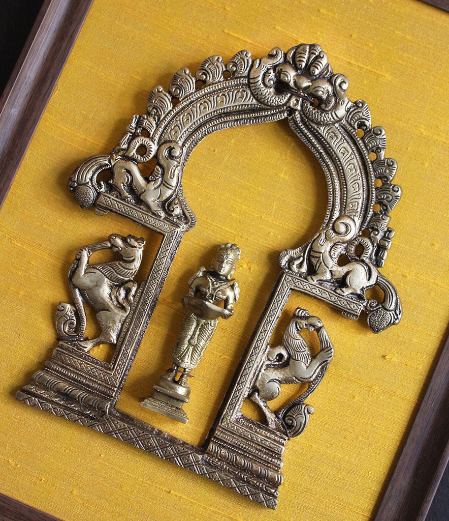 Vintage Prabhavali With Mythical Yalis & Hindu Goddess Meenakshi Framed On Raw Silk . Ht 45 cm x W 35 cm