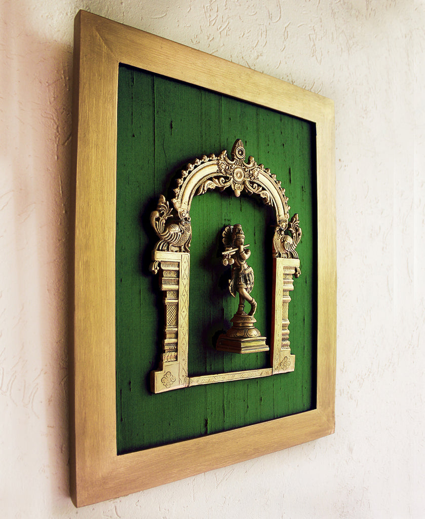 Beautiful Framed Brass Prabhavali On Emerald Green Raw Silk With Lord Krishna. Frame Height 45 cm x Width 35 cm - theindianweave