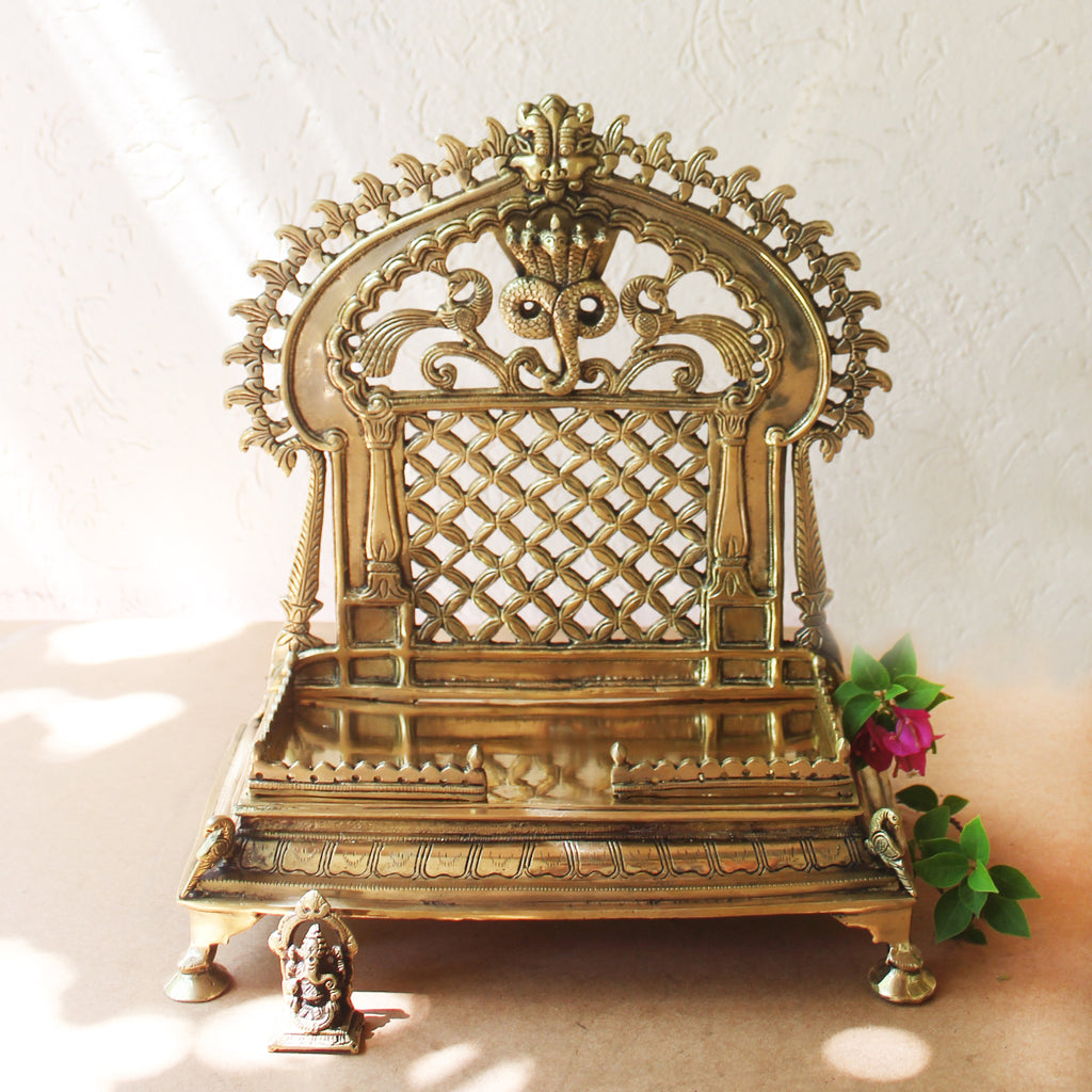 Magnificent Brass Throne | Singhasan With Prabhavali Crafted With Peacocks -  H 34 cm x W 31 cm x D 17 cm