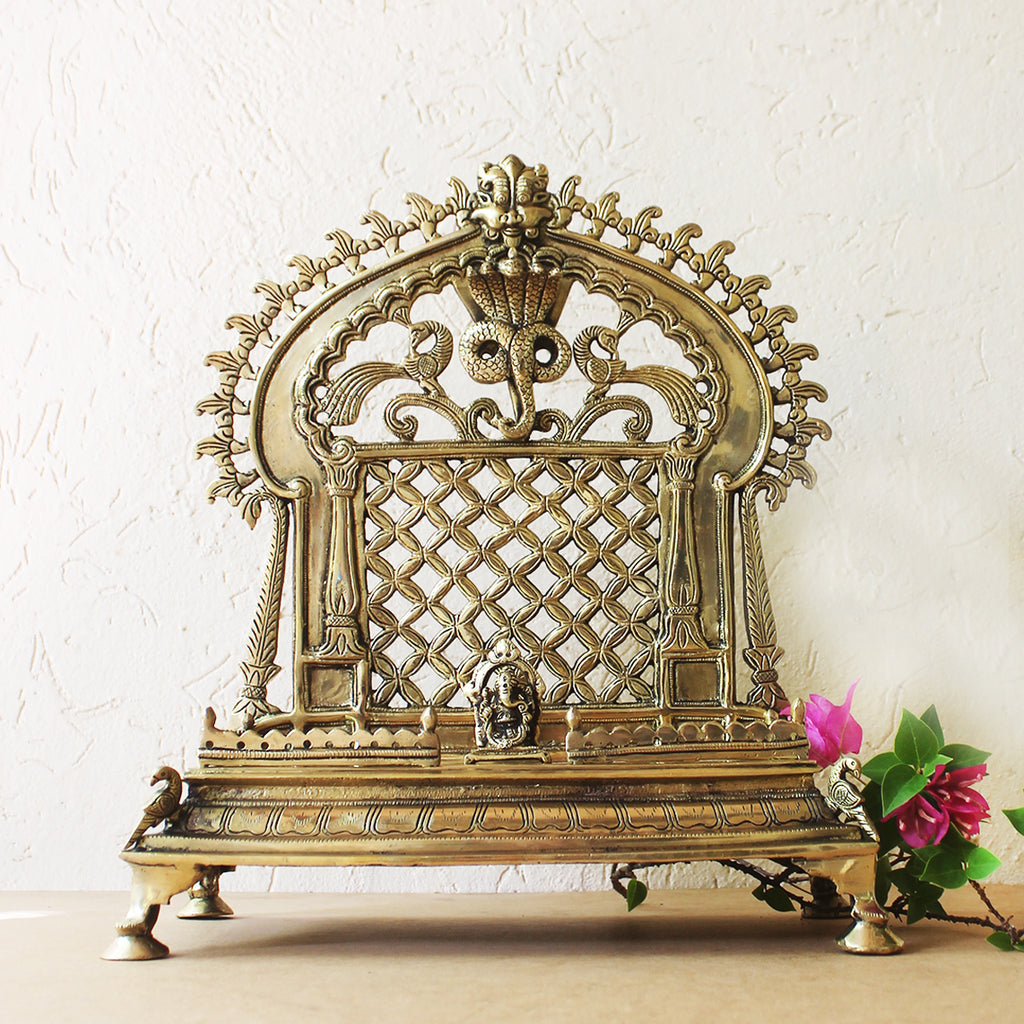Magnificent Brass Throne | Singhasan With Prabhavali Crafted With Peacocks -  H 34 cm x W 31 cm x D 17 cm