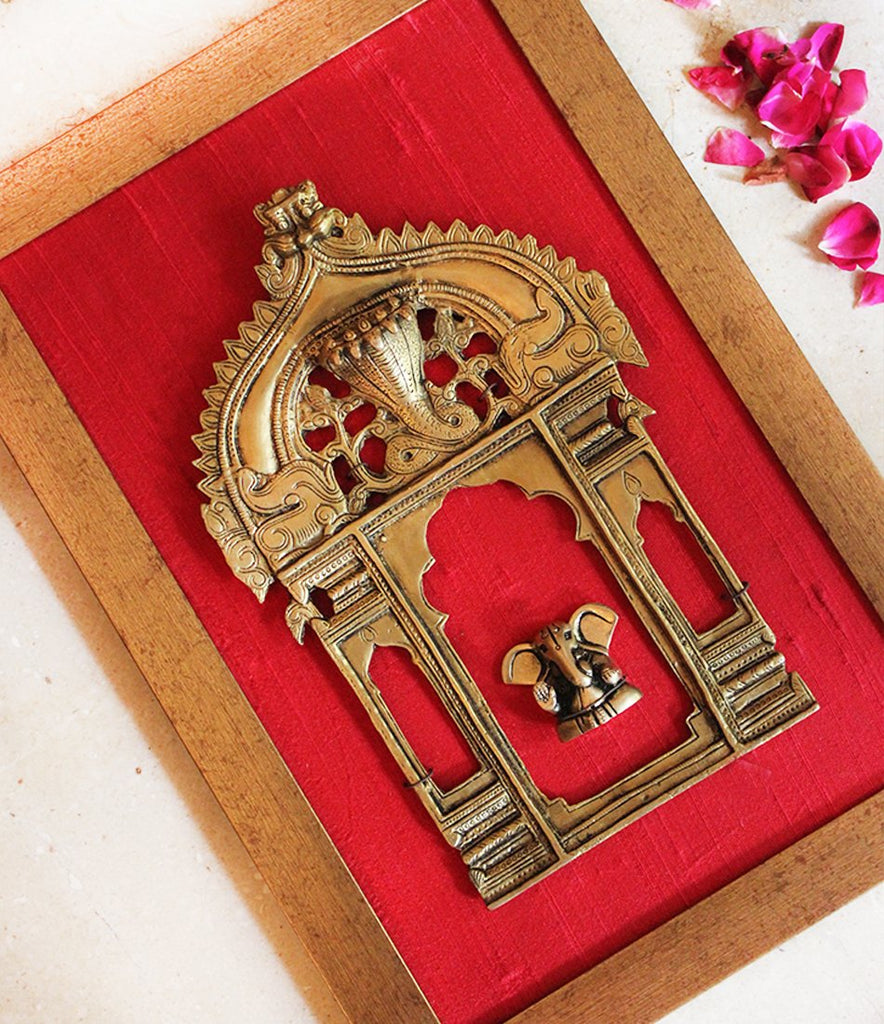 Vintage Brass Temple Frame | Prabhavali With The Mythical Yali & Lord Ganesha - H 40 cm x W 26 cm