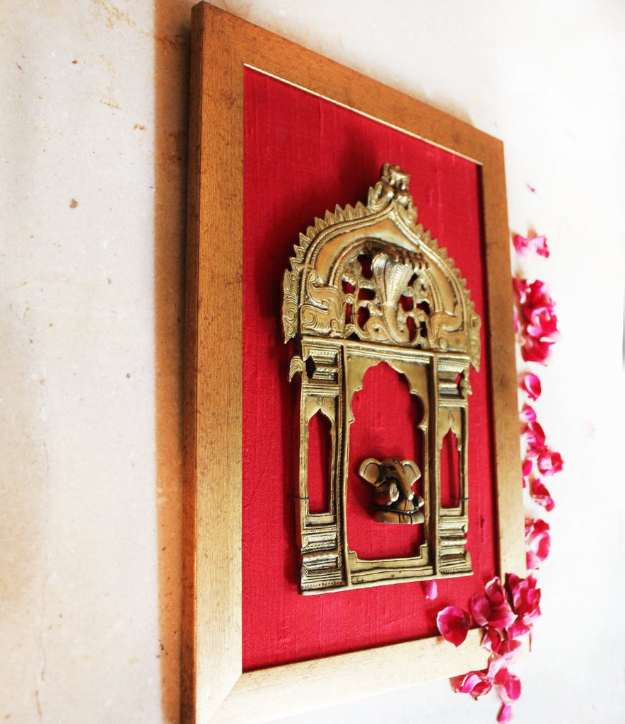 Vintage Brass Temple Frame | Prabhavali With The Mythical Yali & Lord Ganesha - H 40 cm x W 26 cm