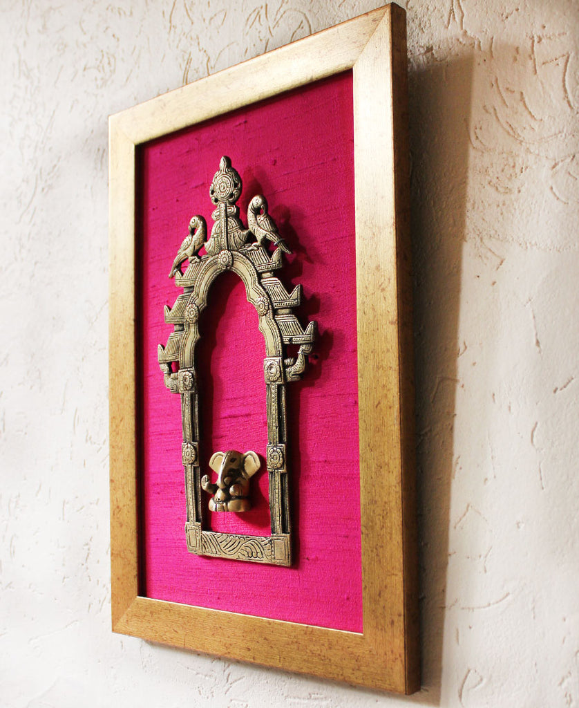 Vintage Brass Temple Frame or Prabhavali With Twin Peacocks & Lord Ganesha -  40 cm x 26 cm - theindianweave