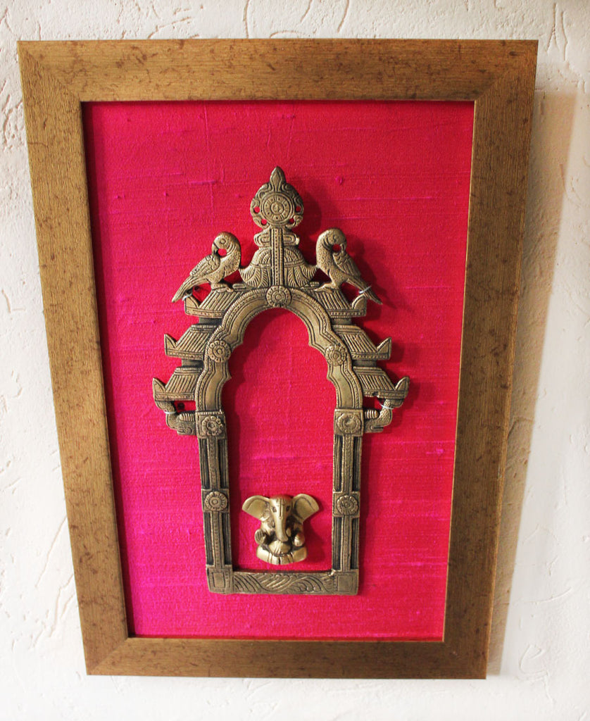 Vintage Brass Temple Frame or Prabhavali With Twin Peacocks & Lord Ganesha -  40 cm x 26 cm - theindianweave