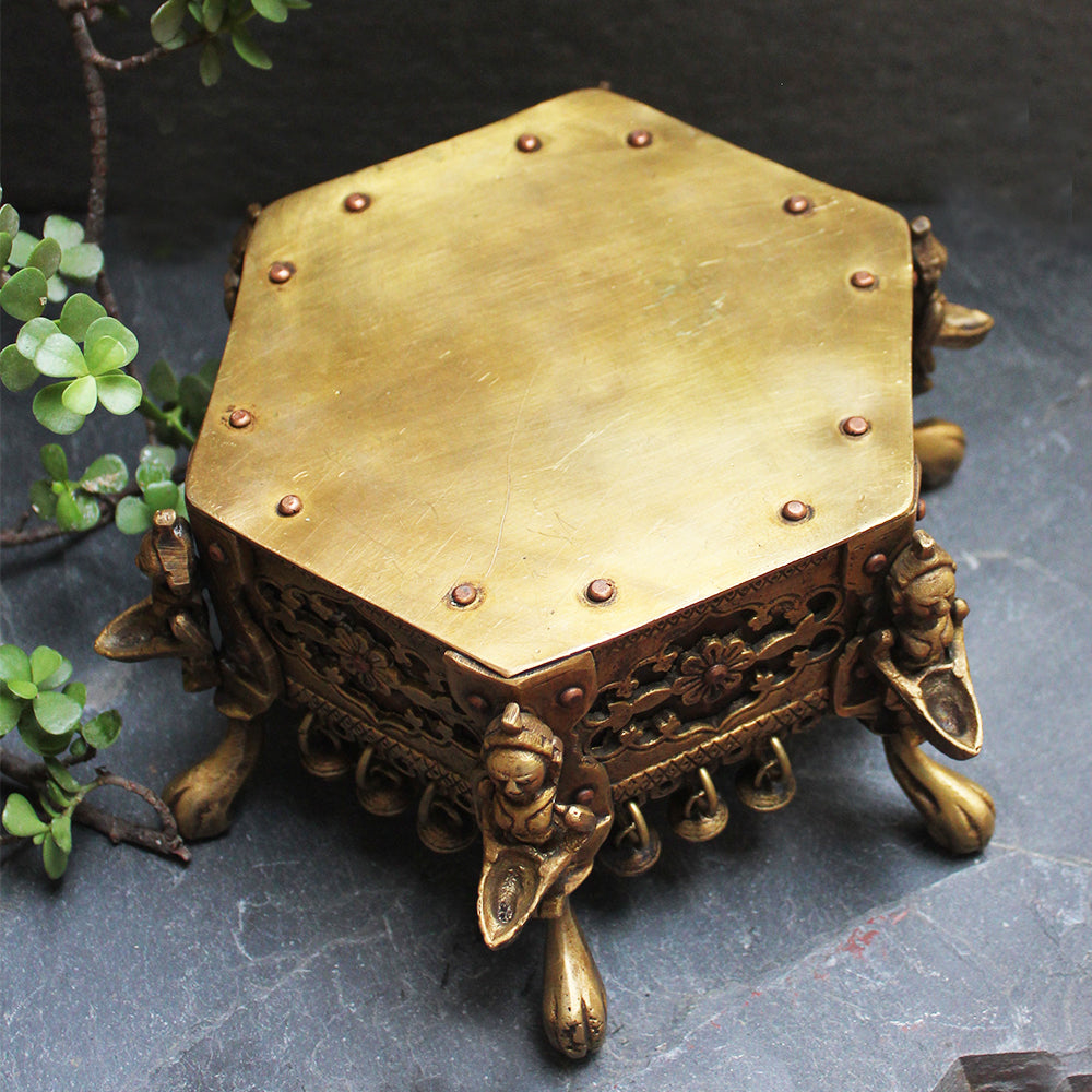 Hexagonal Brass Chowki | Stool With 6 Oil lamps & Ghungroos - Dia 17 cm x Ht 12 cm