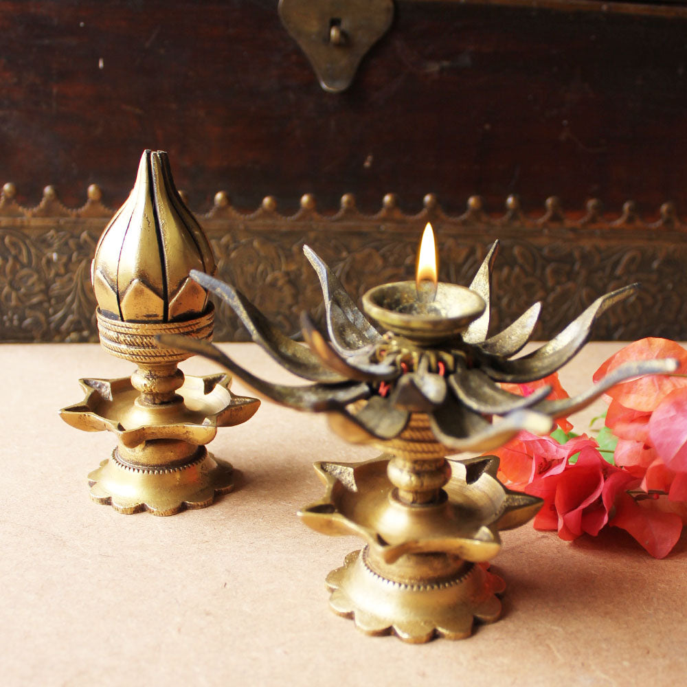 Set of 2 Vintage Brass Oil Lamps Made Of Sixteen Lotus Petals And 8 Oil Diyas - H 12 cm x W 8 cm - theindianweave