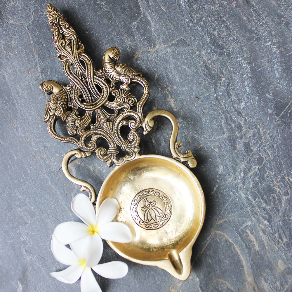 Majestic Oil And Wick Lamp | Diya  With Twin Parrots & Filigree Handle.  L29 cm x W11 cm