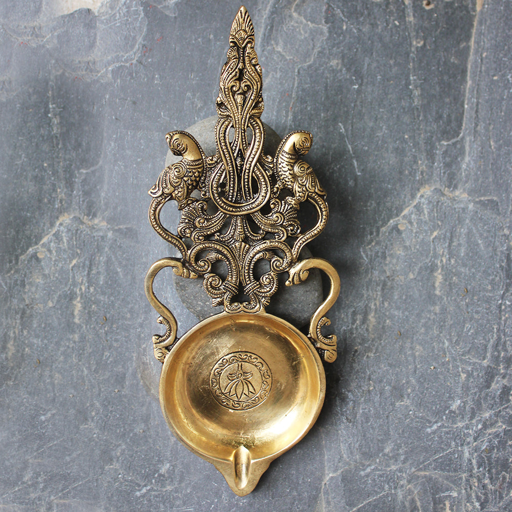 Majestic Oil And Wick Lamp | Diya  With Twin Parrots & Filigree Handle.  L29 cm x W11 cm