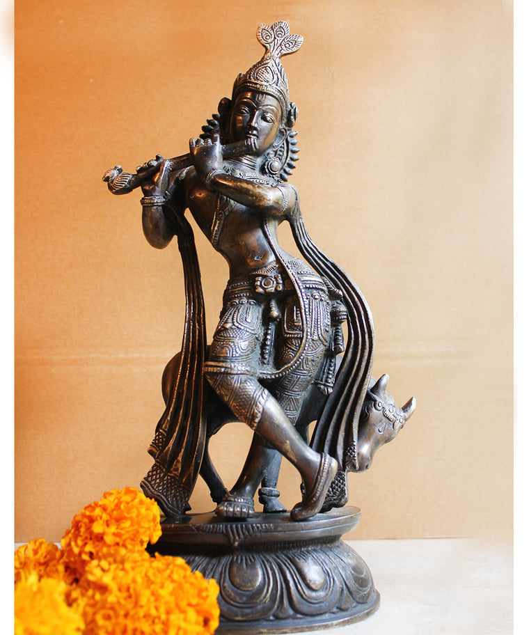 Handcrafted Brass Sculpture of Hindu Diety Lord Krishna With The Sacred Cow - Ht 36 cm