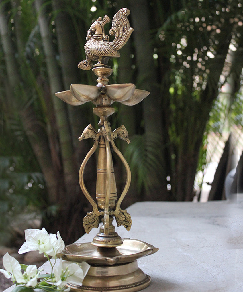 Brass Oil Lamp Handcrafted With The Mythical Hamsa & Exquisite Pair of Swans -  Ht 36 cm