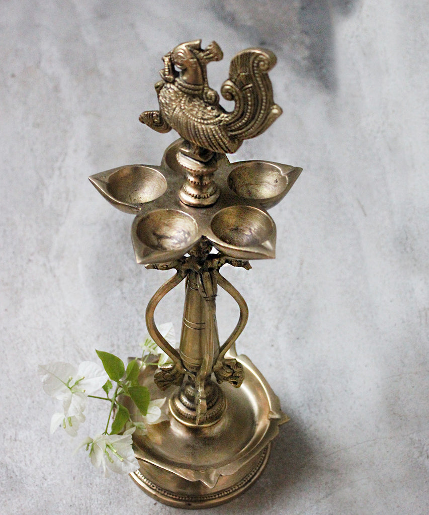 Brass Oil Lamp Handcrafted With The Mythical Hamsa & Exquisite Pair of Swans -  Ht 36 cm