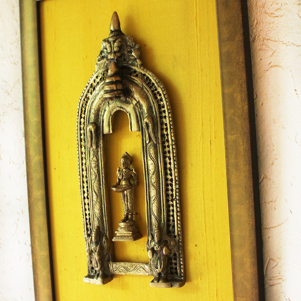Magnificent Framed Brass Prabhavali With Mythical Yali & Deep Lakshmi On Gold Silk. Ht 45 cm x W 35 cm