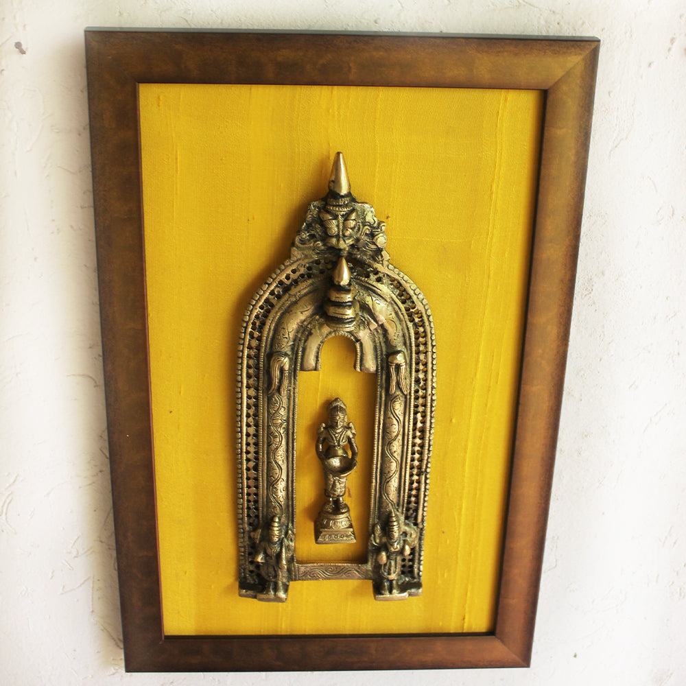 Magnificent Framed Brass Prabhavali With Mythical Yali & Deep Lakshmi On Gold Silk. Ht 45 cm x W 35 cm