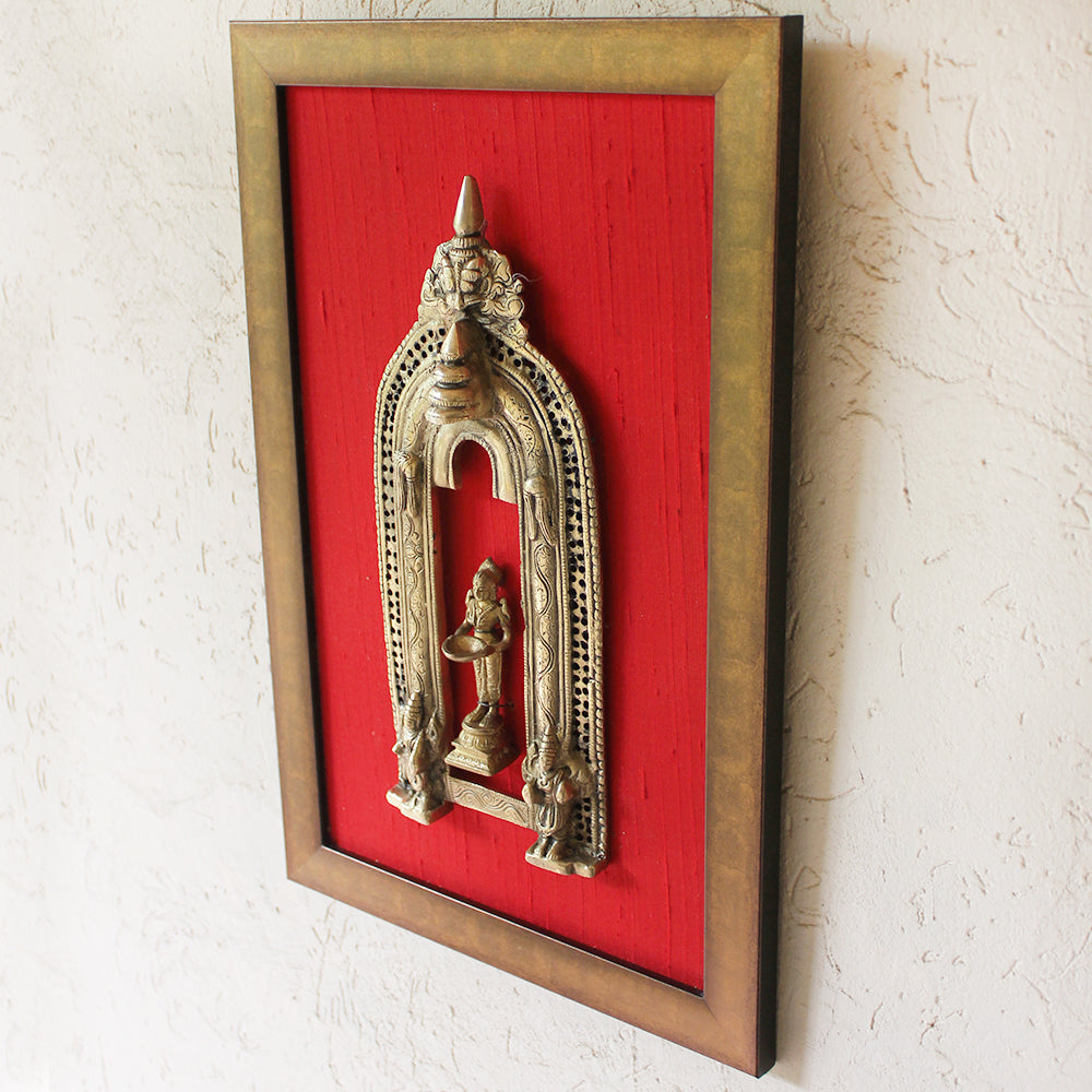 Brass Temple Prabhavali With Deep Lakshmi Framed On Red Raw Silk. Ht 45 cm x W 35 cm