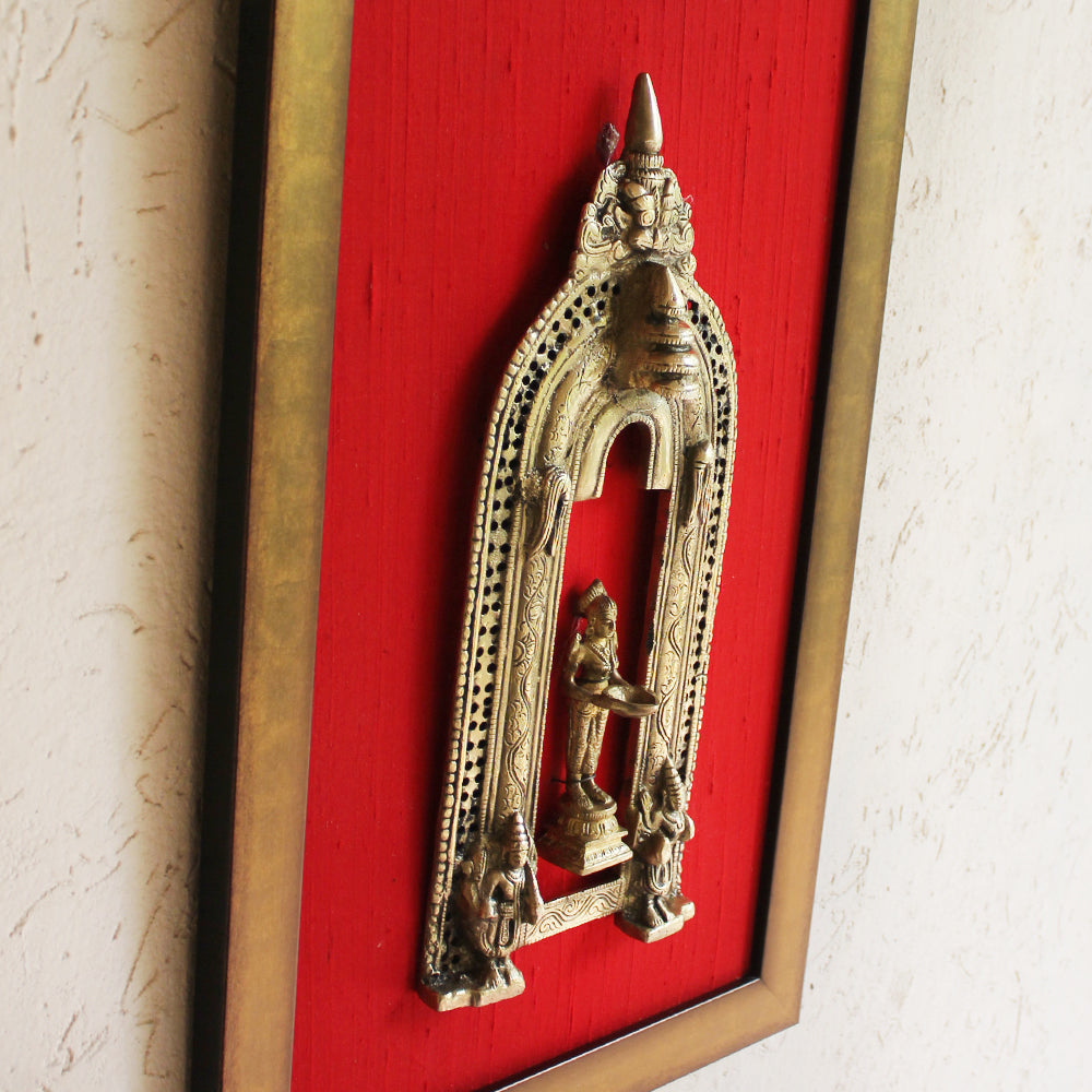 Brass Temple Prabhavali With Deep Lakshmi Framed On Red Raw Silk. Ht 45 cm x W 35 cm