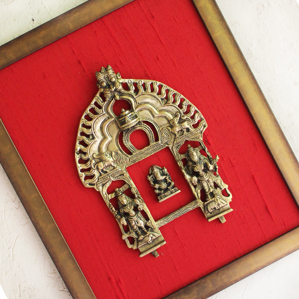 Magnificent Framed Brass Temple Prabhavali With Worshippers & Lord Ganesha On Red Raw Silk. Ht 45 cm x W 35 cm
