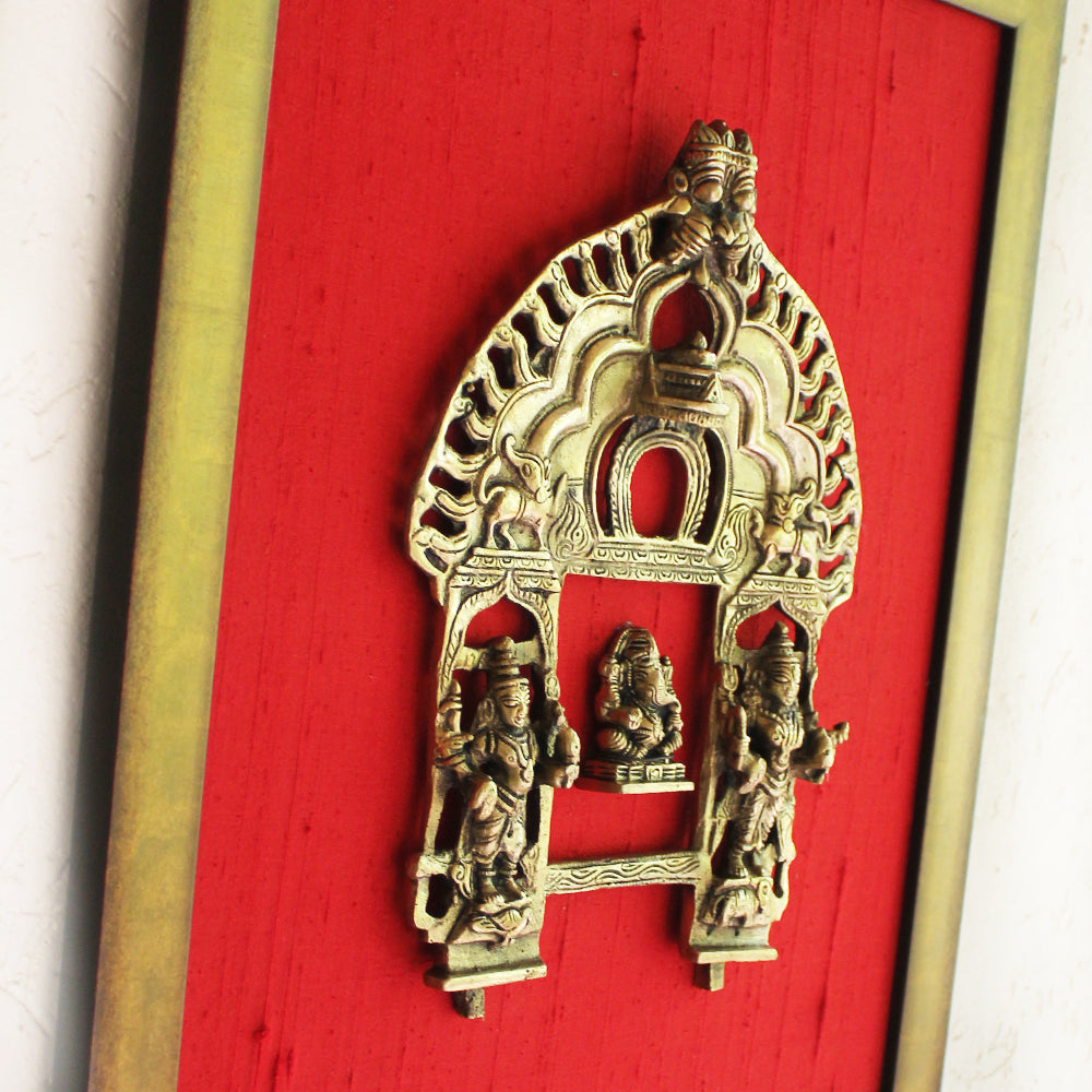 Magnificent Framed Brass Temple Prabhavali With Worshippers & Lord Ganesha On Red Raw Silk. Ht 45 cm x W 35 cm