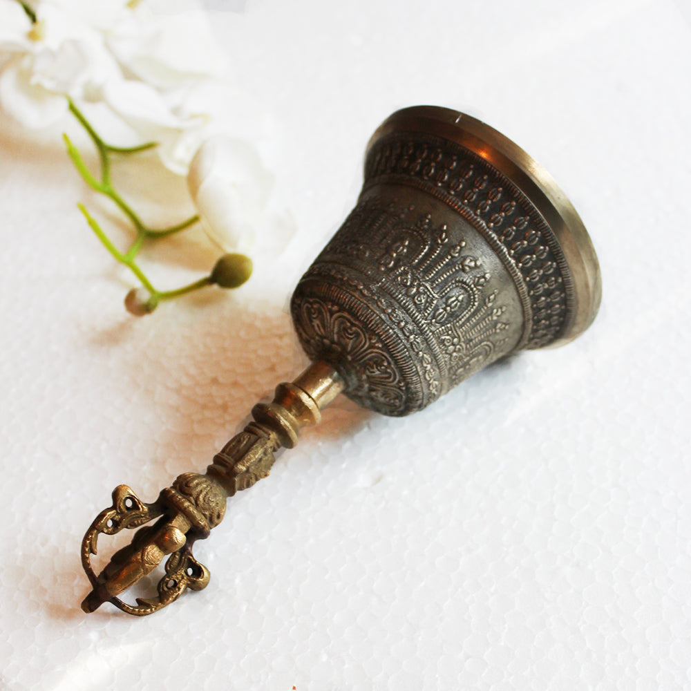 Tibetan Bell 6”, Ghanta & Dorje, Brass Bell and Vajra with Detail