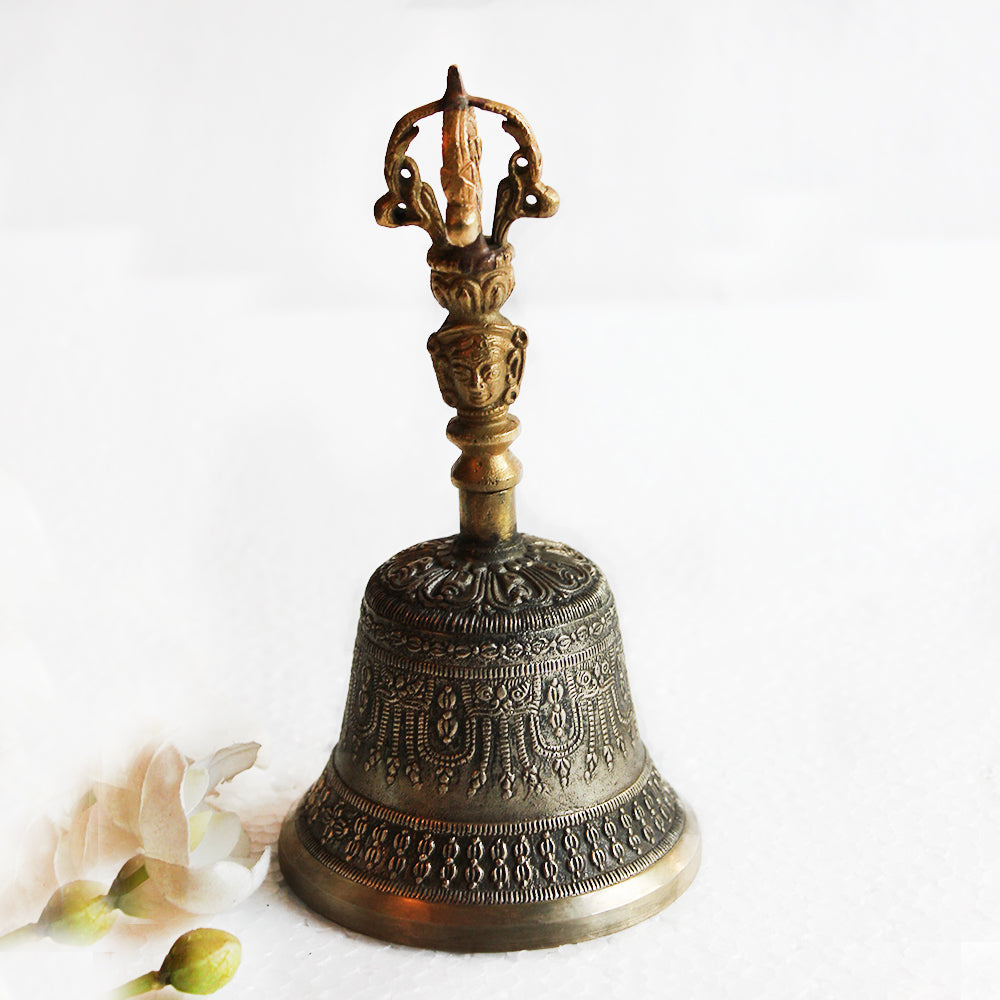 Vintage Buddhist Brass Bell For Meditation With Sound Of Om & Vajra Dorje - Ht 18cm x Dia 9.5 cm