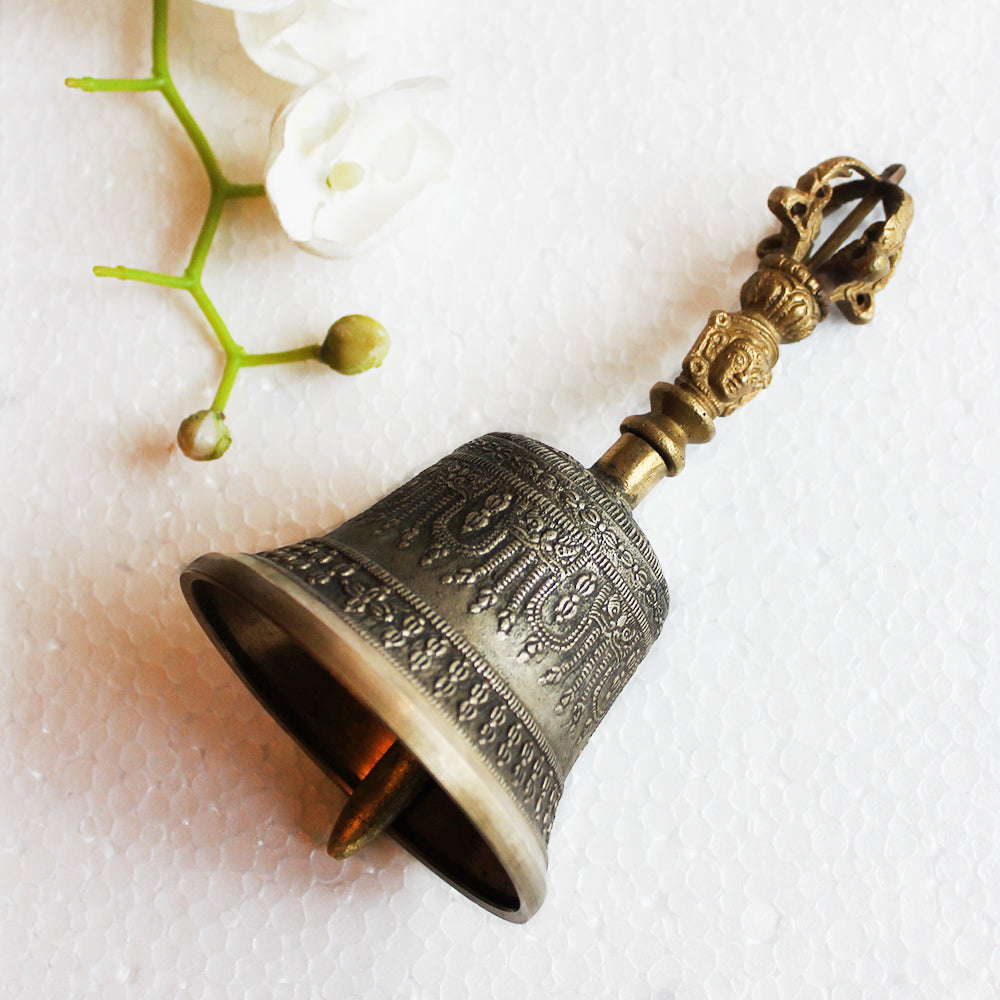 Vintage Buddhist Brass Bell For Meditation With Sound Of Om & Vajra Dorje - Ht 18cm x Dia 9.5 cm
