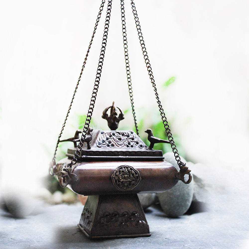 Traditional Tibetan Style Copper Incense Burner With Peacocks and Chains - L 42 cm x W 15 cm