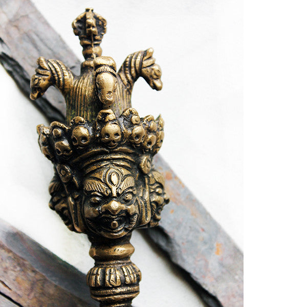 Vintage Tibetan Buddhist Ritual Tantric 3-Faced Iron Phurba Dorje Dagger - theindianweave