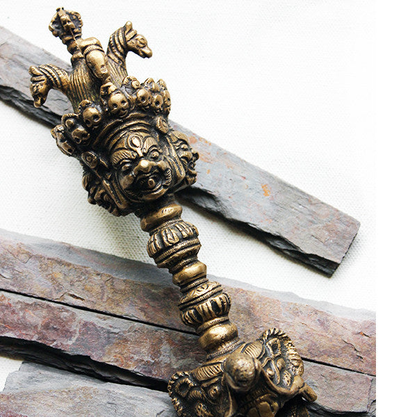 Vintage Tibetan Buddhist Ritual Tantric 3-Faced Iron Phurba Dorje Dagger - theindianweave