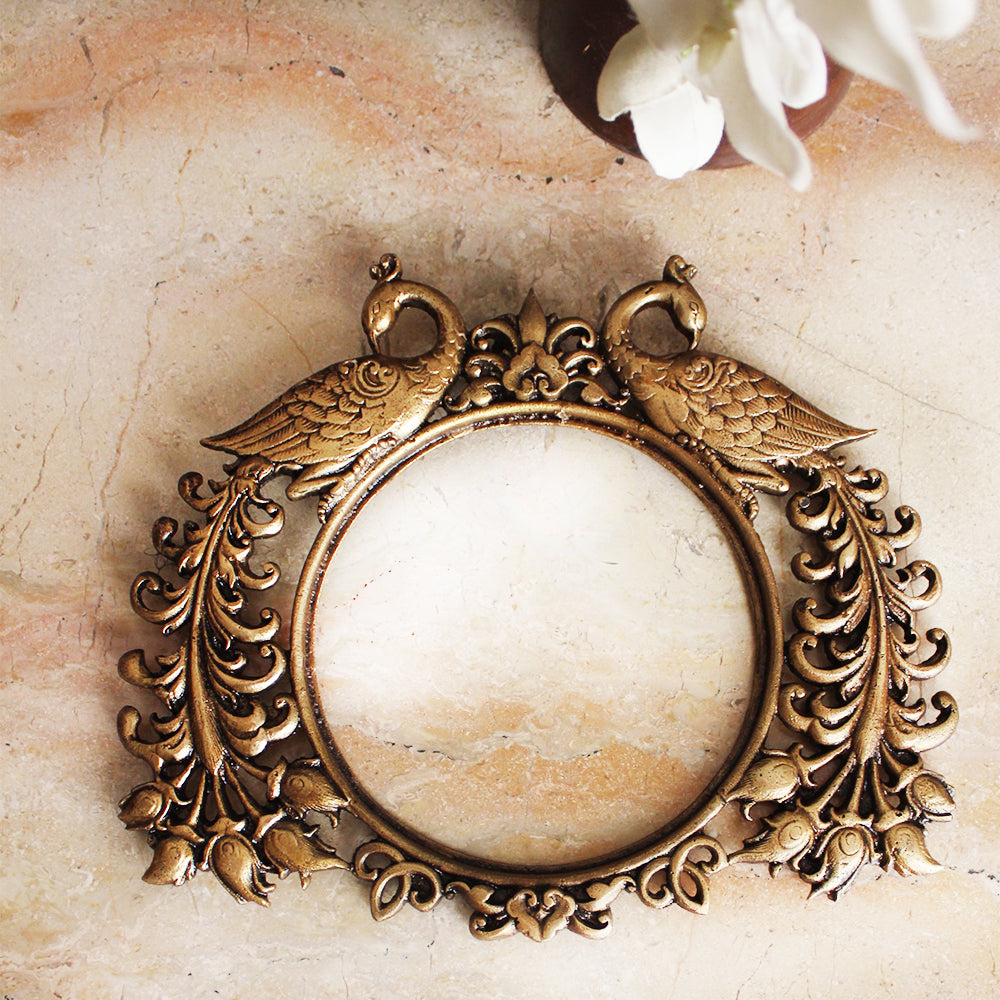 Exquisite Brass Mirror | Photo Frame With Twin Peacocks and Filigree Work - Length 26 cm x Height 22 cm