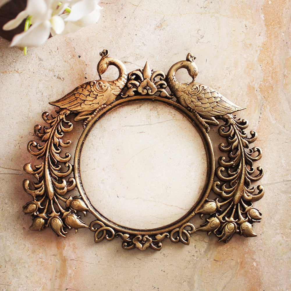 Exquisite Brass Mirror | Photo Frame With Twin Peacocks and Filigree Work - Length 26 cm x Height 22 cm